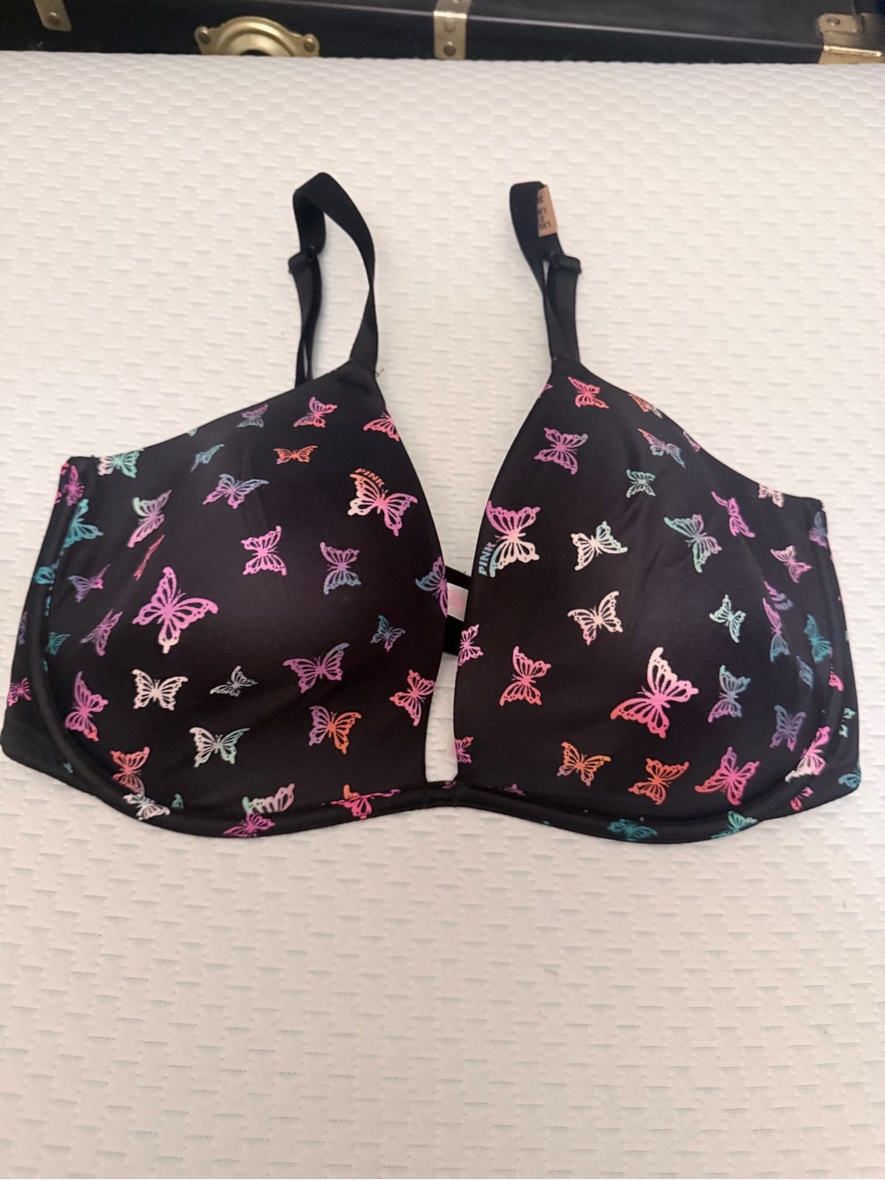 PINK Victoria's Secret Black T-Shirt Bra with Multicolor Butterfly Print